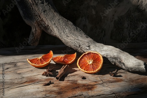 Blood oranges on rustic wood with spices casting shadows
