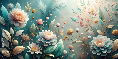 An Enchanting Tapestry of Delicate Blooms and Lush Greenery, Rendered in Soft Pastel Hues and Intricate Details, Evokes a Sense of Serenity and Tranquility