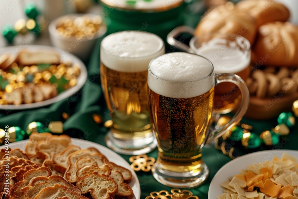 St. Patrick's Day.Festive St. Patrick's Day table with beer, bread, and decorative elements. St. Patrick's Day.Festive St. Patrick's Day table with beer, bread, and decorative elements.