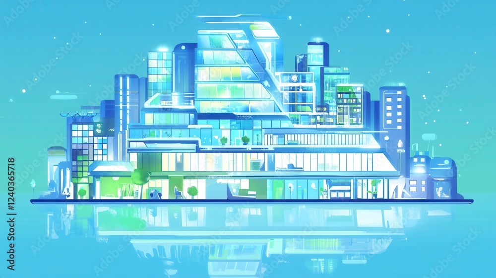 Fototapeta premium Stunning Futuristic Cityscape: A Vibrant Reflection of Modern Architecture