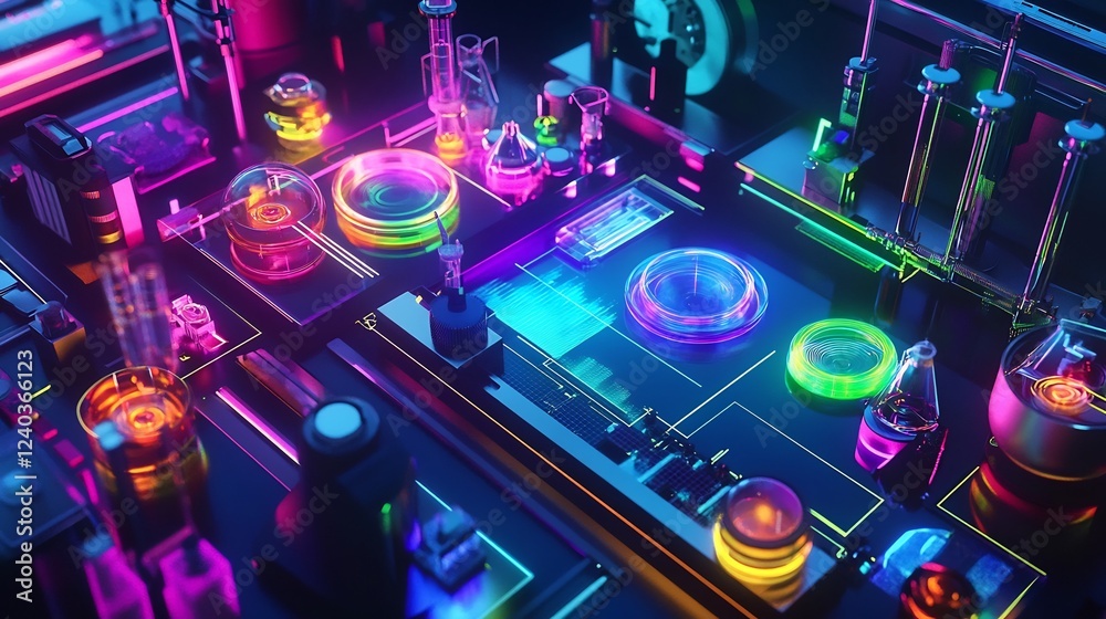 Fototapeta premium Top view of physics lab table with colorful lasers and holographic displays