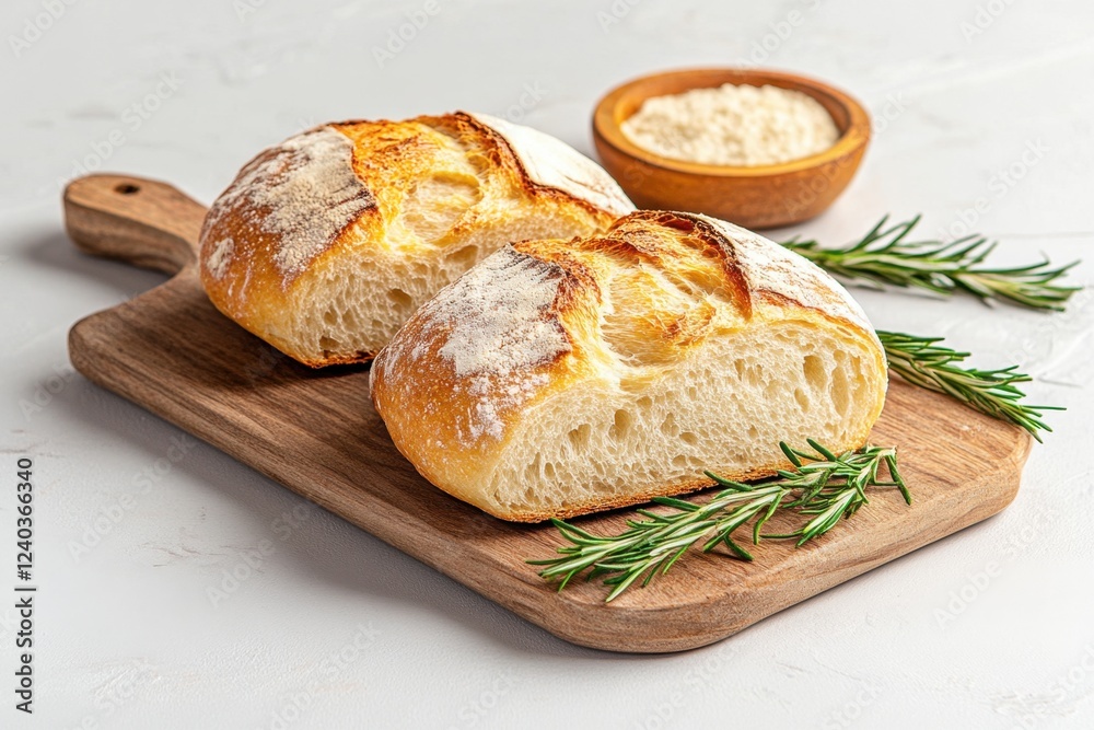 Freshly baked artisan bread on wooden board with rosemary, flour backdrop Freshly baked artisan bread on wooden board with rosemary, flour backdrop