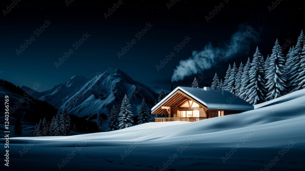 Fototapeta premium March Full Moon.Cozy cabin in snowy mountain landscape at night.
