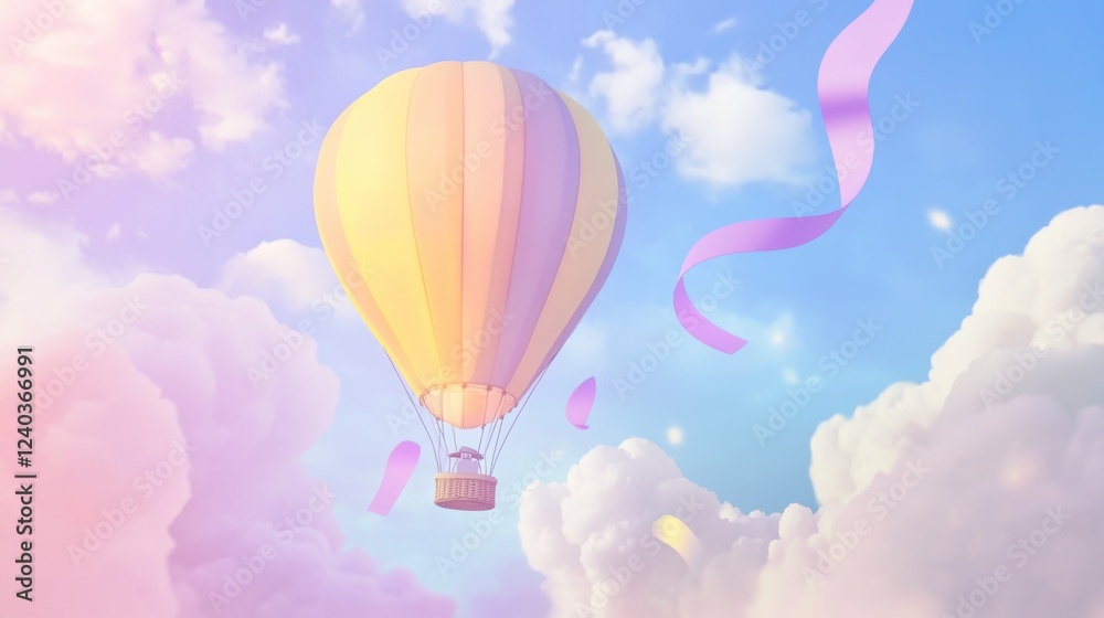 Fototapeta premium A Whimsical Hot Air Balloon Soaring Above Pastel Clouds