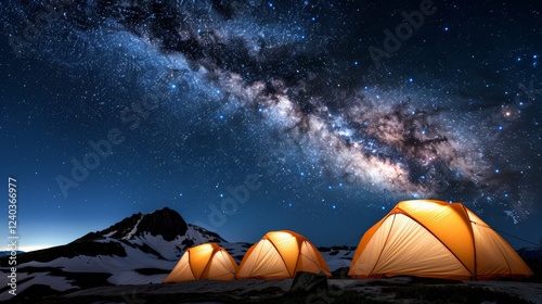 camp Fire Girls day. Glowing tents under the Milky Way in a snowy mountain landscape. photo