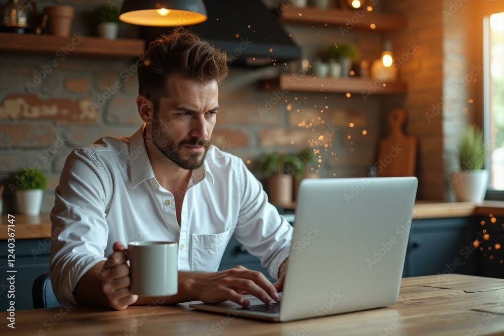 Man is sitting at table with laptop and cup of coffee Man is sitting at table with laptop and cup of coffee