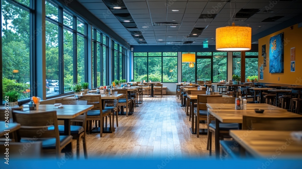 Fototapeta premium Modern Restaurant Interior with Wooden Tables and Abundant Natural Light