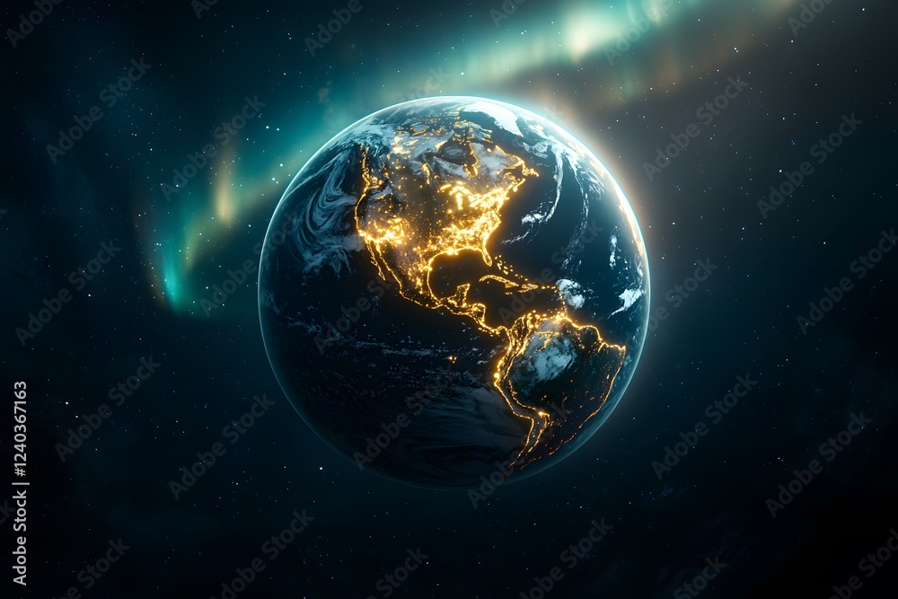 Fototapeta premium Illuminated Earth with North America and Southern Lights Display