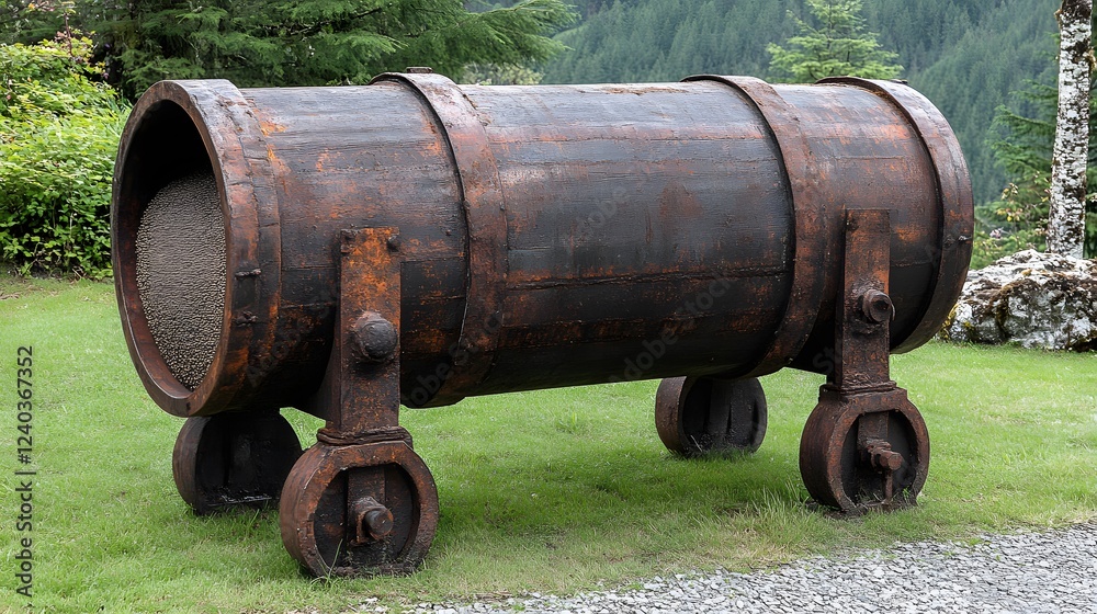 Rusty Industrial Barrel on Wheels Outdoor Scene Rusty Industrial Barrel on Wheels Outdoor Scene