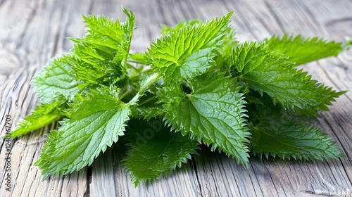 Fresh Green Stinging Nettle Leaves on Rustic Wood