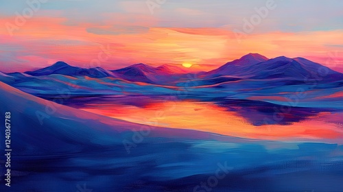 A vibrant oil-paint desert with glowing reflections on smooth, rolling dunes
