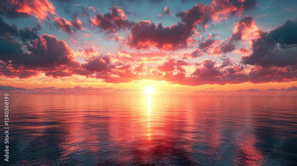 Obraz premium Vibrant Sunset Over Calm Ocean Waters Displaying Colorful Clouds