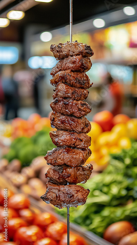 vertical closeup shot of grilled beef skewers hanging in a market with fresh produce blurred in the background The skewers are browned and juicy ready to eat photo