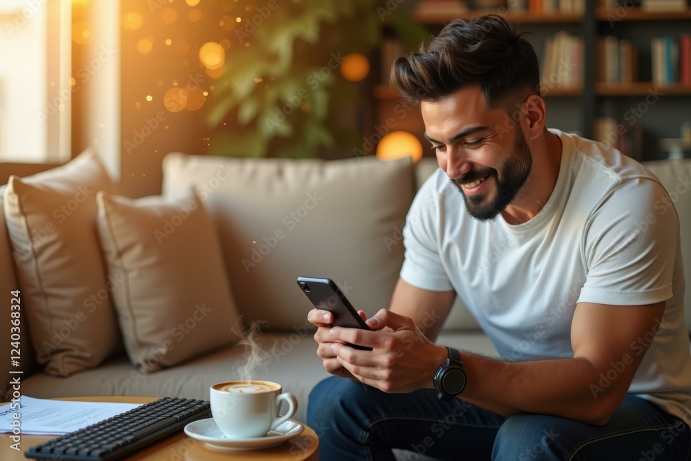 Man is sitting on couch using his cell phone Man is sitting on couch using his cell phone