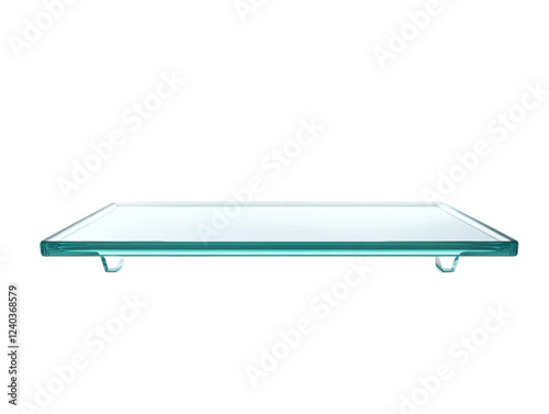 The image shows a modern rectangular glass shelf with two small supports underneath, suitable for display or decor. photo