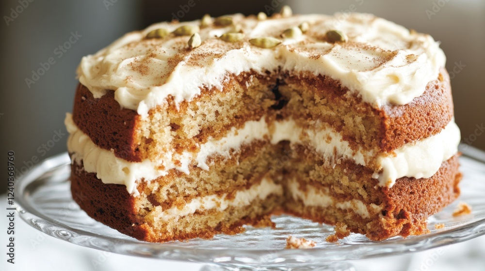 Delicious spice cake with creamy frosting and nuts on glass stand Delicious spice cake with creamy frosting and nuts on glass stand