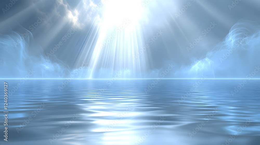 Fototapeta premium Serene Seascape, Heavenly Light Rays Over Calm Ocean