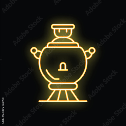 Yellow neon sign of a traditional russian samovar boiling water for tea ceremony on black background