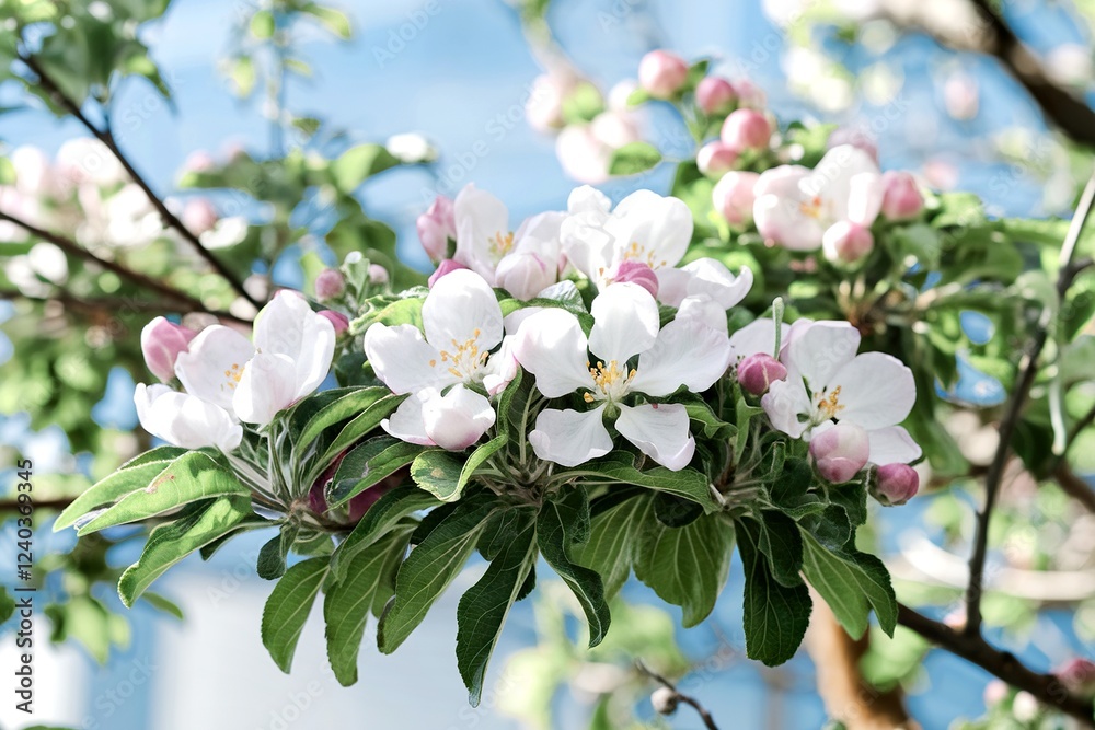 Fototapeta premium Blooming white apple tree flowers in springtime under sunlight