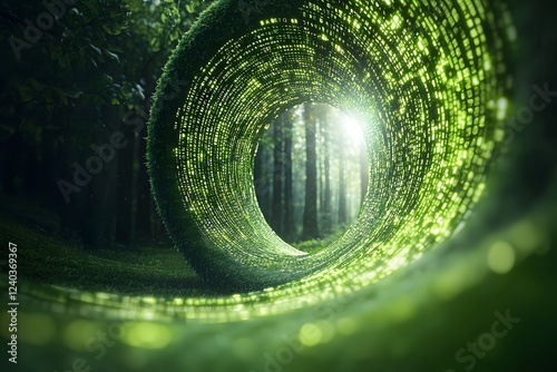 Green Digital Forest Portal with Binary Code and Mystical Light