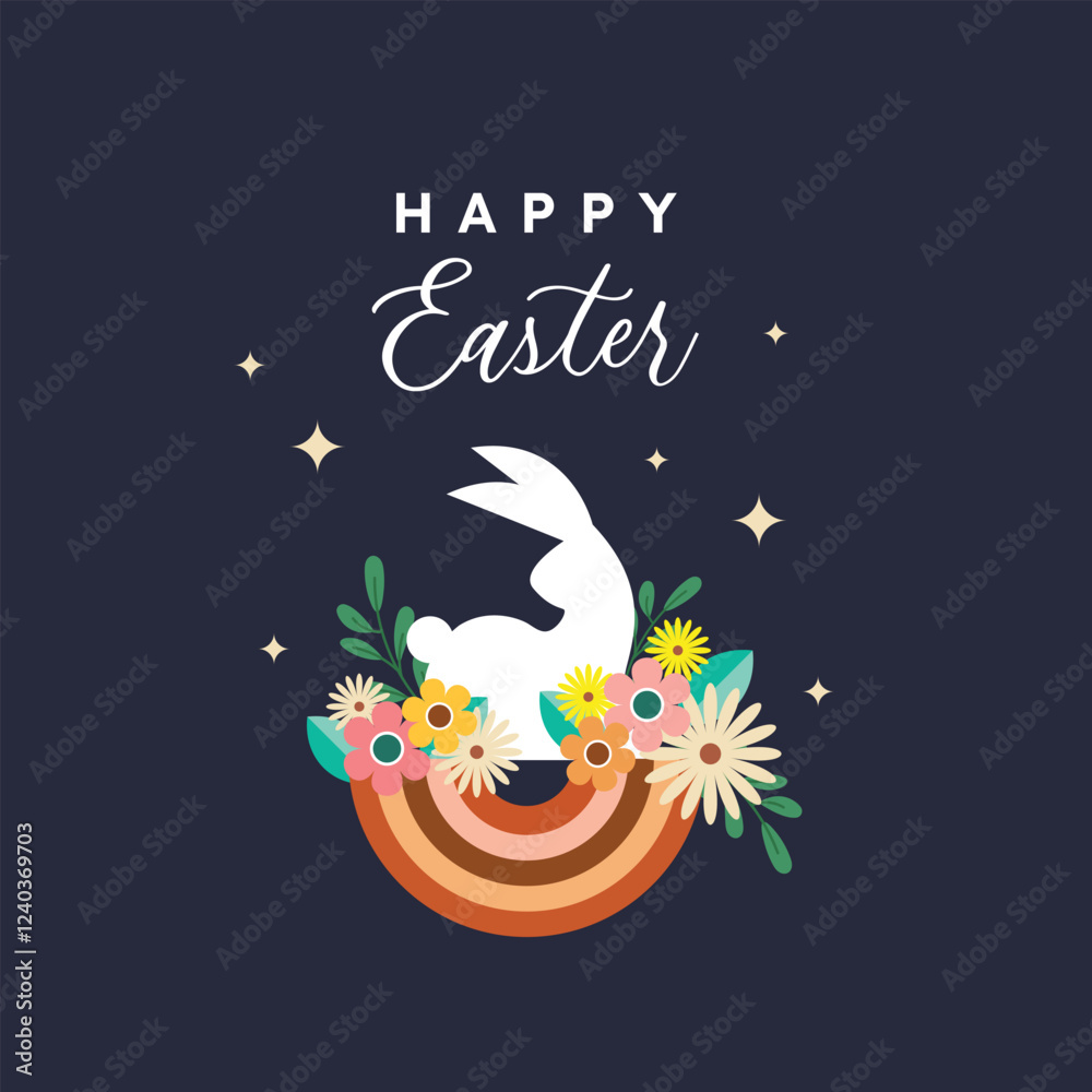 Happy Easter Geometric Background, Easter Card, Banner Design. Mid Autumn and Easter Festival with Rabbits, Full Moon, and Flowers. Happy Easter Geometric Background, Easter Card, Banner Design. Mid Autumn and Easter Festival with Rabbits, Full Moon, and Flowers.