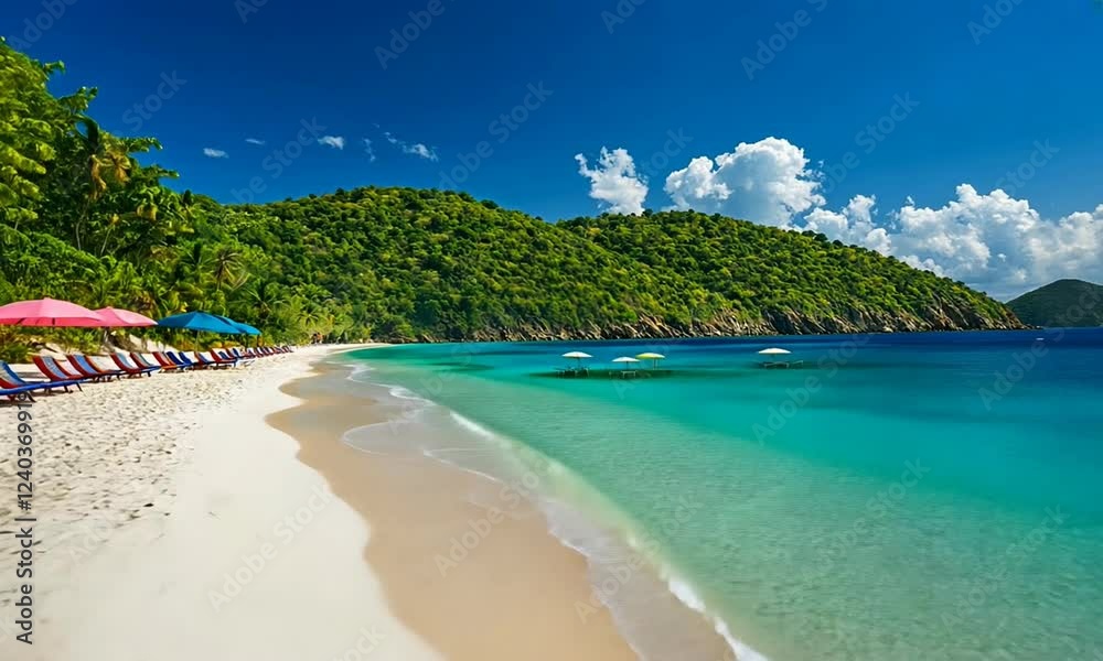 Serene beach scene with colorful umbrellas and lounge chairs under a bright blue sky Serene beach scene with colorful umbrellas and lounge chairs under a bright blue sky