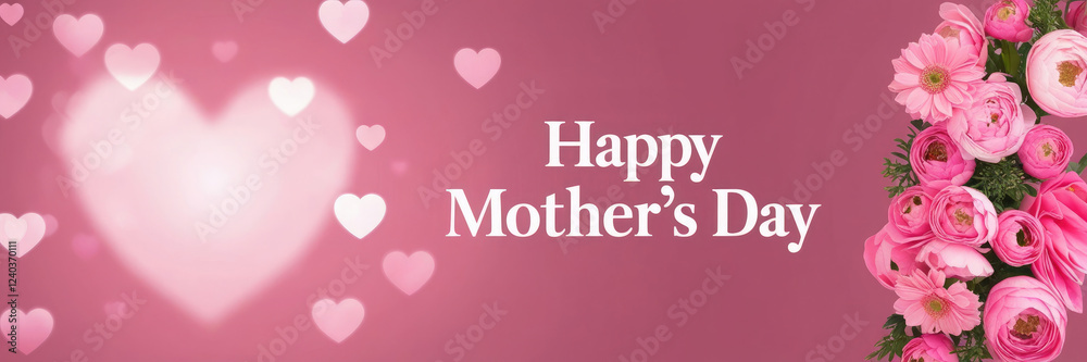 A banner for Happy Mother's Day, Bokeh heart shape on a pink gradient background with pink flowers, Mother's Day background design, wallpaper, web banner A banner for Happy Mother's Day, Bokeh heart shape on a pink gradient background with pink flowers, Mother's Day background design, wallpaper, web banner