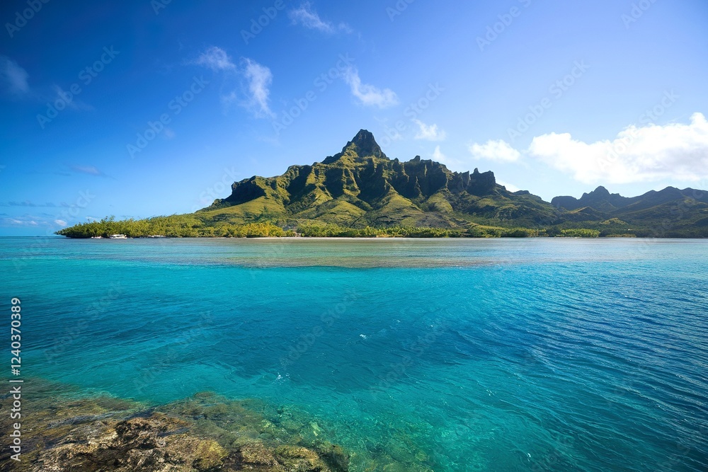 Fototapeta premium A tropical island with a mountainous landscape surrounded by clear turquoise waters