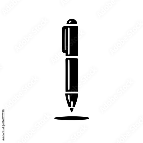 Pen Icon: A simple yet elegant black silhouette of a pen poised above a small ink blot, suggesting readiness to write or create.  
