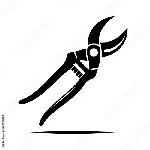 Pruning Shears Icon: A sleek, black silhouette of bypass pruning shears, perfect for gardening and landscaping projects.  The tool is depicted with clean lines, suggesting efficiency and precision. 