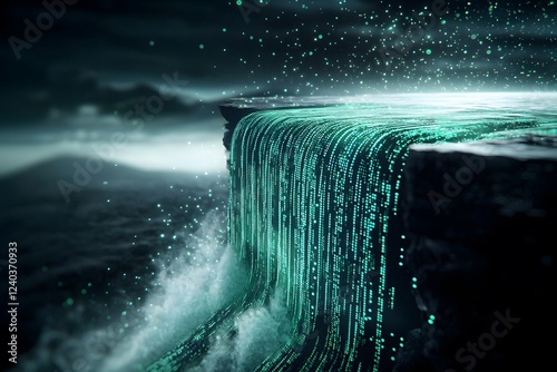 Digital Waterfall Pouring Data Over Rocky Cliff with Turbulent Sea