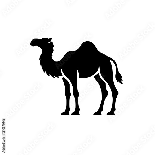 Dromedary Silhouette: A strong and elegant silhouette of a dromedary camel, standing majestically against a clean background.  Perfect for logo, icon, or design elements. 