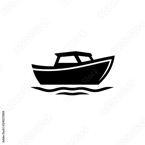 Small Motorboat Icon: A simple yet elegant illustration of a small motorboat floating on calm water, ideal for nautical-themed designs and applications.