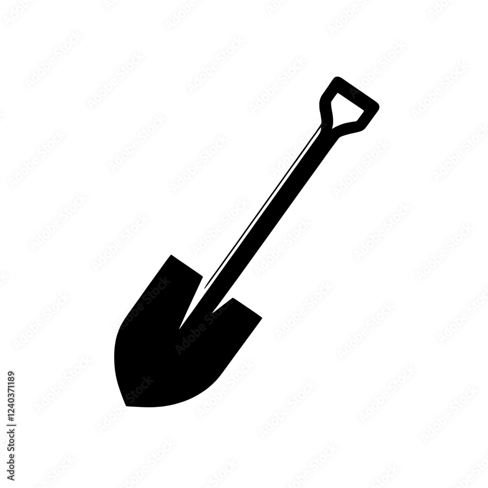 Black and White Shovel Icon: A minimalist black shovel icon on a white background, symbolizing hard work, construction, and gardening. Black and White Shovel Icon: A minimalist black shovel icon on a white background, symbolizing hard work, construction, and gardening.