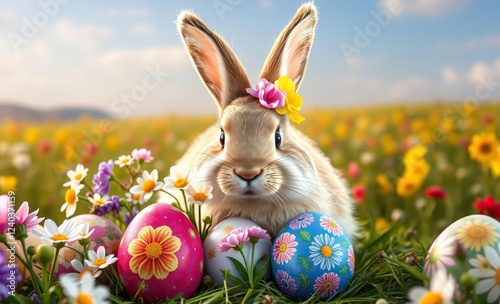 Easter bunny, decorated eggs, flower field, spring meadow, sunny day, fluffy rabbit, pastel colors, cute animal, holiday celebration, close-up portrait, soft lighting, vibrant wildflowers, blue sky, w photo