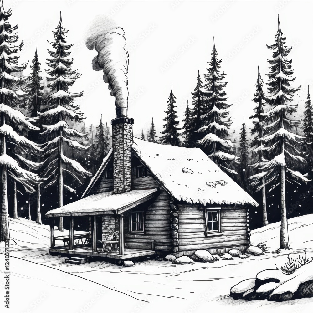 Fototapeta premium a cozy log cabin nestled among snow-covered pines