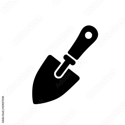 Gardening Trowel Icon: A simple yet effective black silhouette of a gardening trowel, ideal for web design, gardening blogs, or app icons.  The image is clean and easily scalable.