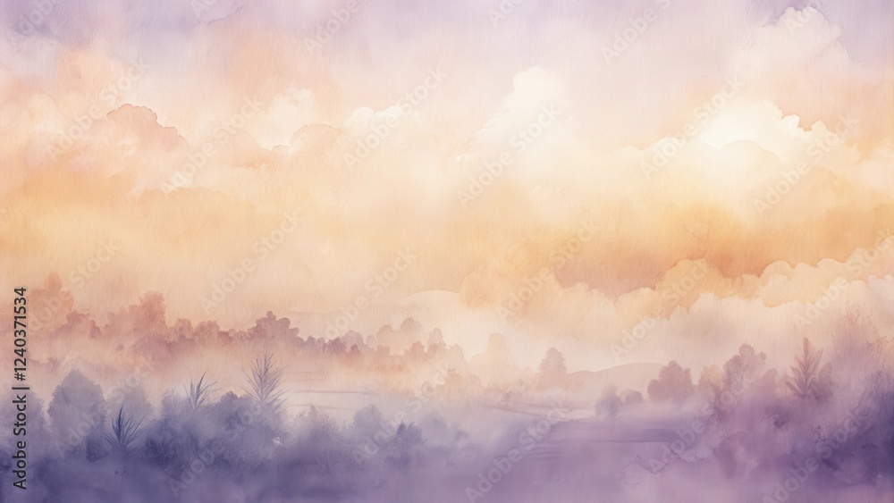 Fototapeta premium Serene watercolor landscape depicting a misty morning sunrise over a tranquil woodland scene with soft pastel hues and a peaceful atmosphere.