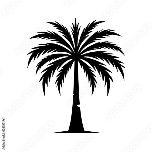 Palm Tree Silhouette: A striking silhouette of a palm tree, rendered in elegant black against a clean background, symbolizes tropical getaways, summer vacations, and exotic locales.  