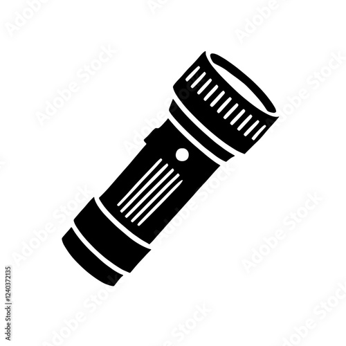 Classic Flashlight Icon: A simple yet effective illustration of a classic flashlight, perfect for safety, adventure, or emergency-related designs. The bold black silhouette is clean and versatile. 