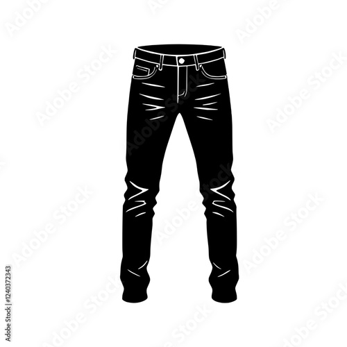 Black Denim Jeans: A sleek silhouette of black denim jeans with a minimalist aesthetic,  representing modern fashion, style and casual wear.  The icon of everyday wear and comfortable.