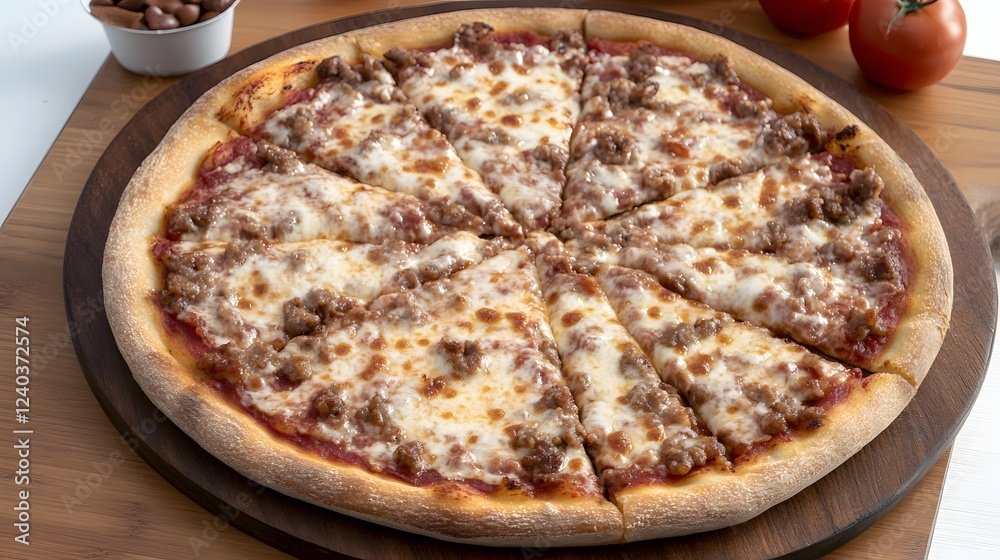 Delicious Sausage Pizza Slices on Wooden Board Delicious Sausage Pizza Slices on Wooden Board