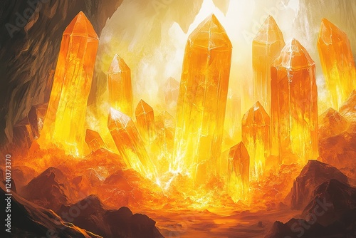 Glowing Amber Caverns: A mesmerizing subterranean world of radiant, yellowish-orange crystals illuminating a hidden, mystical grotto. Discover the beauty of nature's hidden gems in this breathtaking,  photo