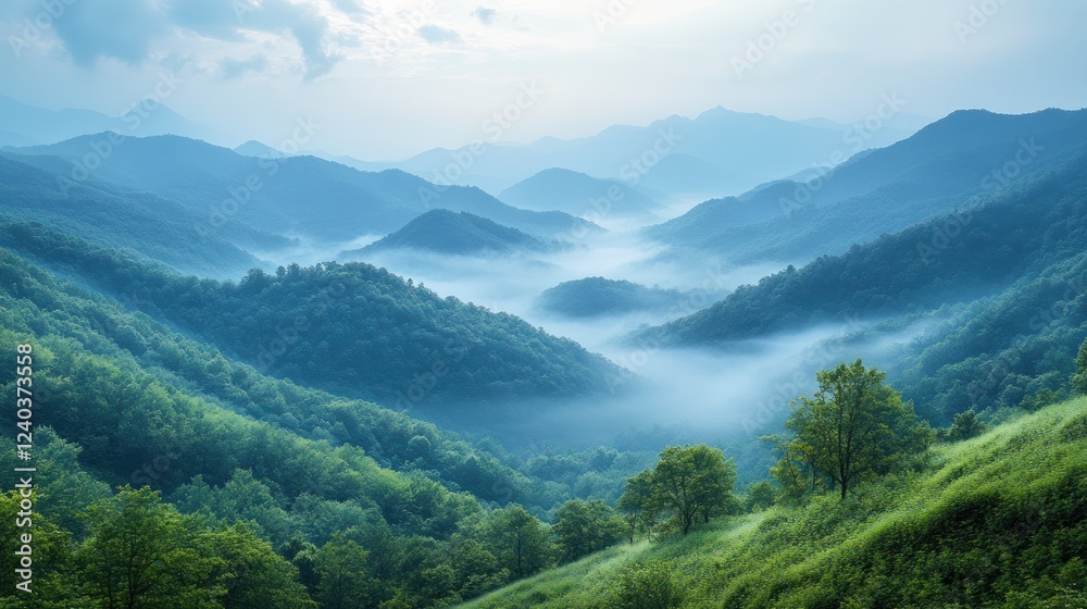 Fototapeta premium Misty Mountains Verdant Hills Scenic Landscape