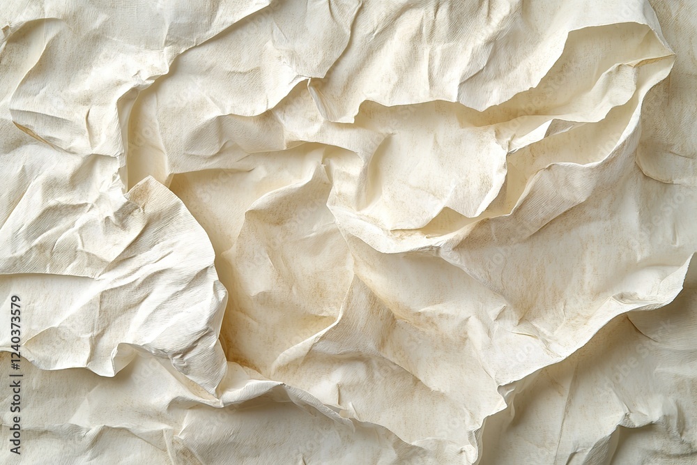 Obraz premium Textured White Crumpled Paper Background: Abstract Design Element for Branding, Packaging, and Creative Projects. High-resolution image ideal for adding a unique, tactile feel to your designs. Perfect