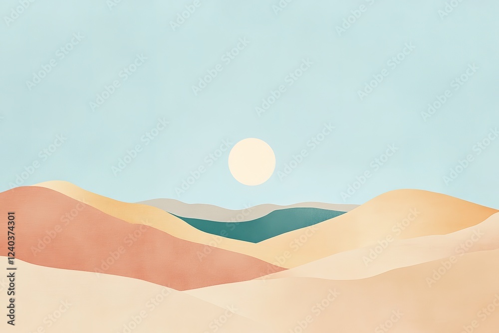 Endless Horizons: A Flat, Minimalist Illustration of a Vast, Expansive Desert Landscape, Perfect for Travel, Adventure, and Exploration Thematic Designs. Evokes a Sense of Serenity, Isolation, and the Endless Horizons: A Flat, Minimalist Illustration of a Vast, Expansive Desert Landscape, Perfect for Travel, Adventure, and Exploration Thematic Designs. Evokes a Sense of Serenity, Isolation, and the