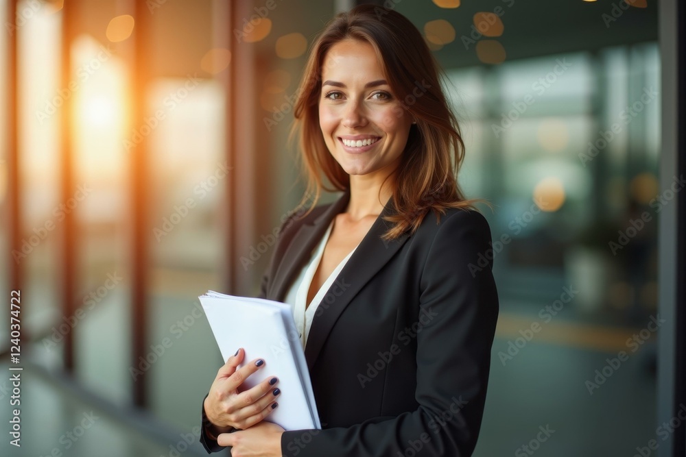 Woman is holding folder and smiling for camera Woman is holding folder and smiling for camera