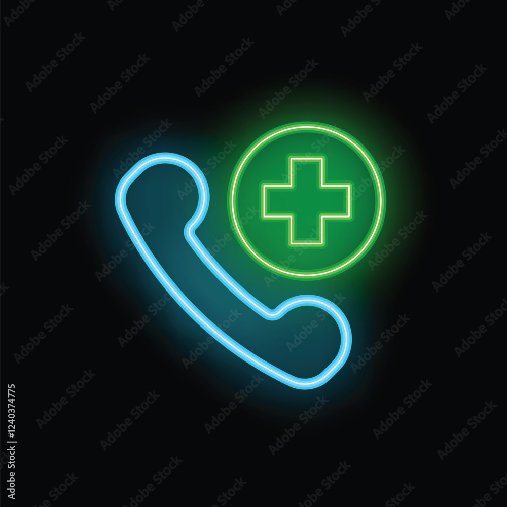 Neon medical emergency phone icon glowing on dark background Neon medical emergency phone icon glowing on dark background
