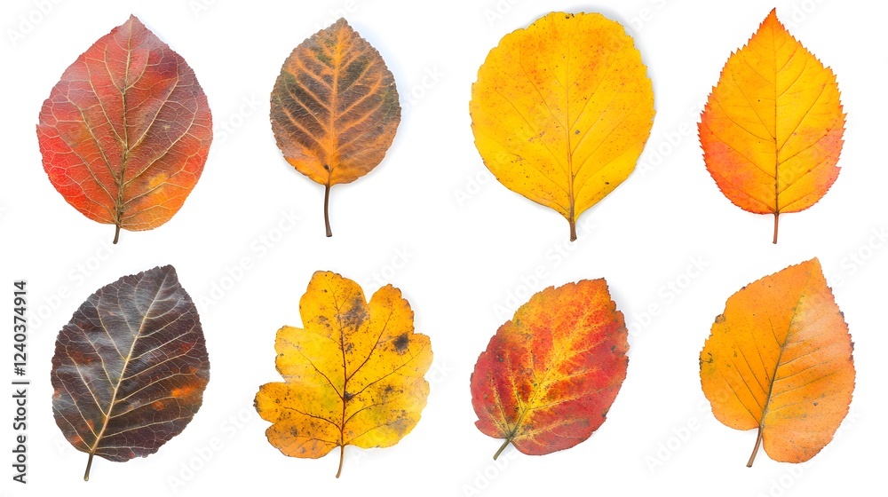 Vibrant Autumn Leaves Collection, Eight Colorful Fall Foliage Isolated on White Vibrant Autumn Leaves Collection, Eight Colorful Fall Foliage Isolated on White