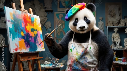 Panda artist painting colorful abstract artwork in studio